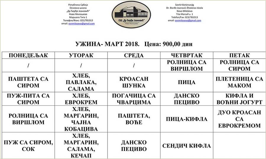 Užina, uNašu OŠ Dr Đ. Joanović...