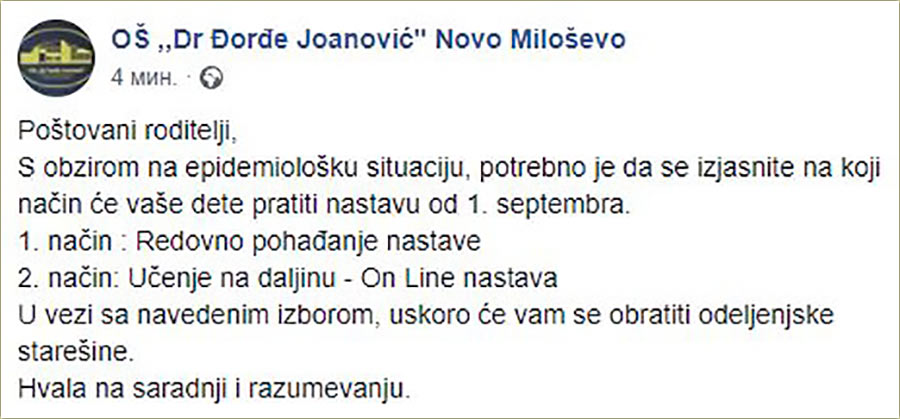 Važno obavešćenje, izNaše škole !!!